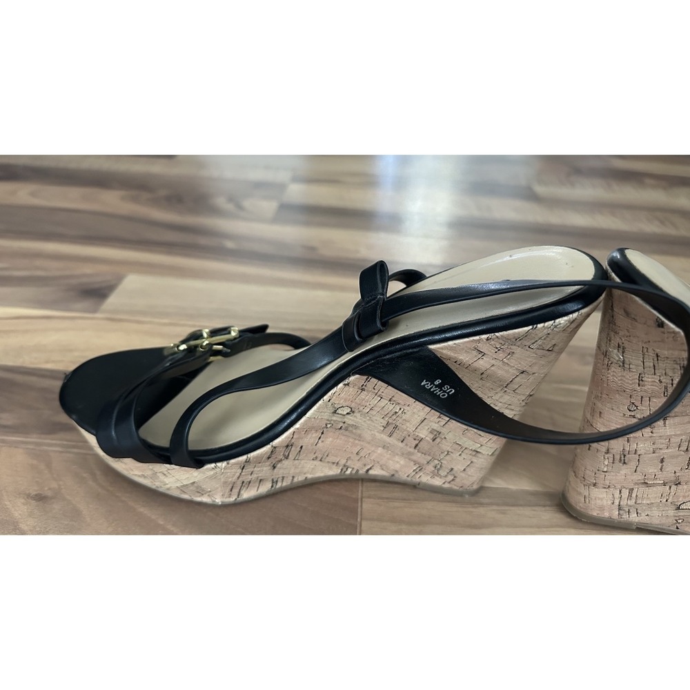 Chinese Laundry Black Leather Cork Wedge Platform Sandal Summer Heels Size 8 - Picture 9 of 11